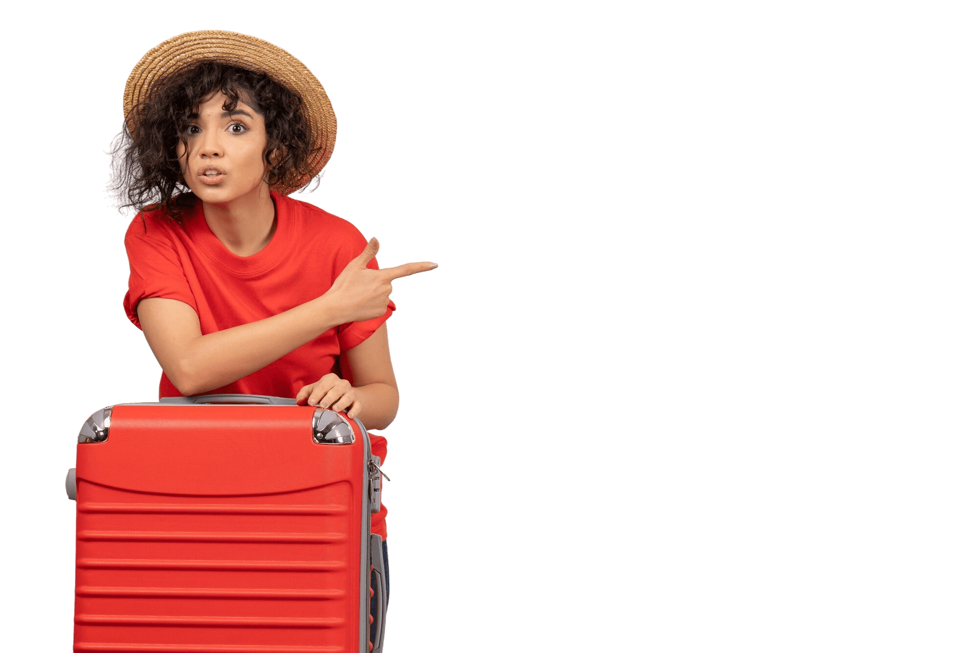 Voyageuse avec valise pointant la destination